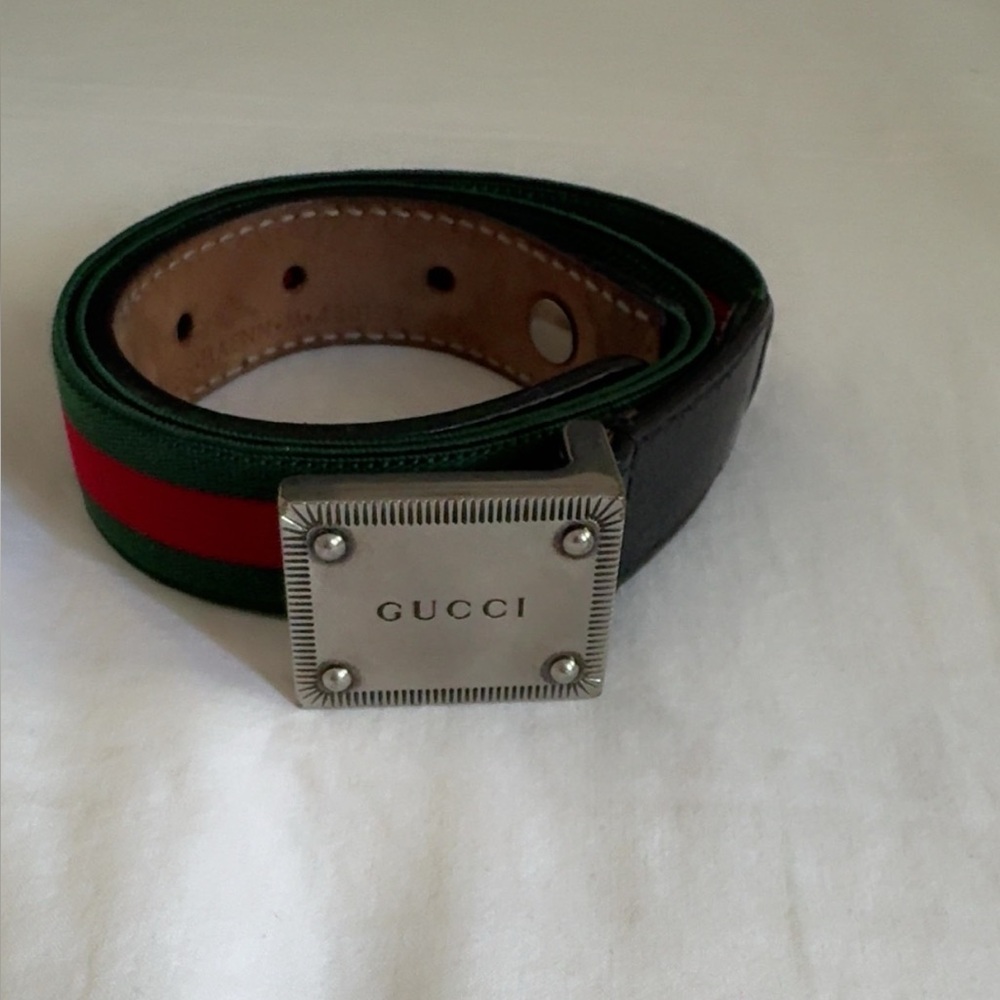 Gucci Green and Red Belt with Silver Buckle